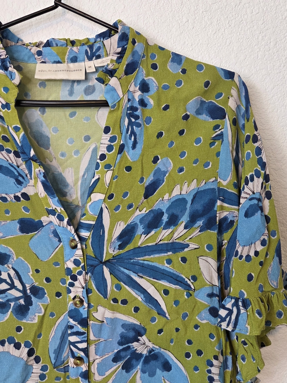 Anthropologie Green & Blue Floral Button-Front Blouse, Size XS